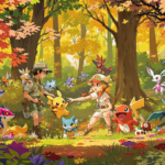un groupe de personnes dans une forêt entourée de pokémons
