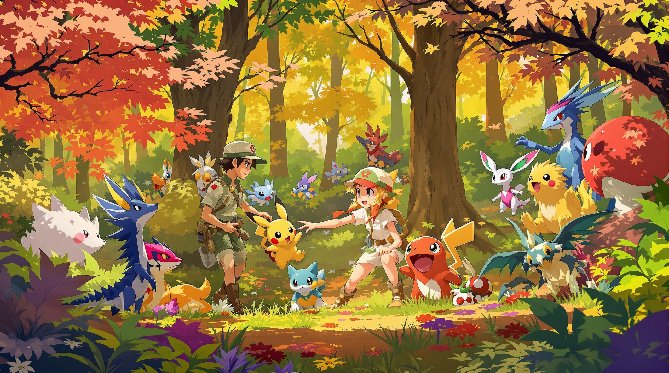 un groupe de personnes dans une forêt entourée de pokémons