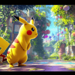 un pikachu se tient devant un bâtiment