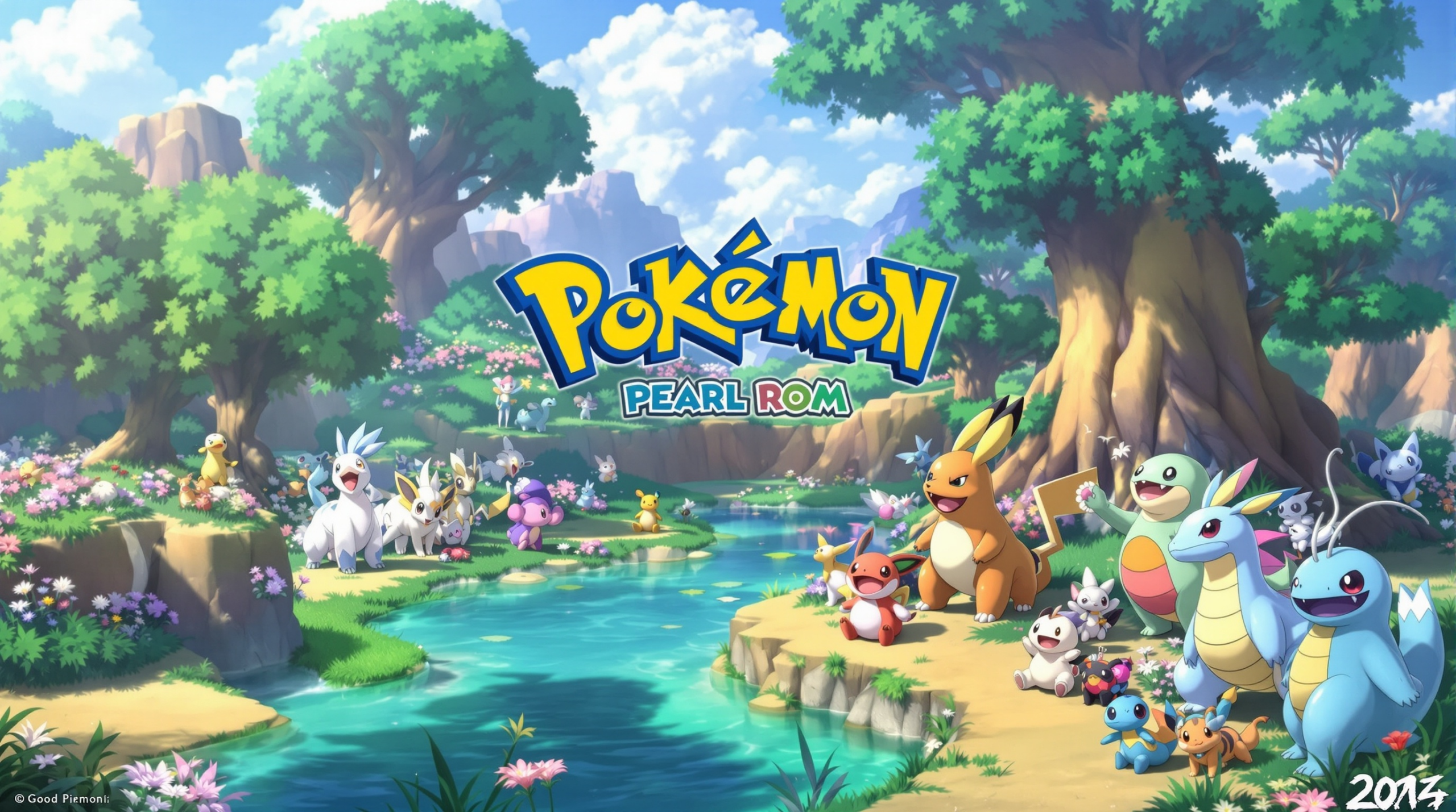 un groupe de personnages de pokemon devant une rivière